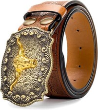 Western Cowboy-Belts for Men Big-Buckle Longhorn-Bull Pu-Leather Rodeo Cowgirl-B