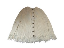 VTG Crochet Poncho Button Shawl 1970s Handmade OS Fringe Cottage Hippie BOHO