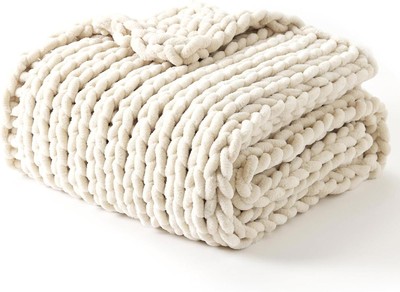 YnM Chunky Knit Throw Blanket Hand-Knitted Chenille Yarn Soft Cozy - Pristine