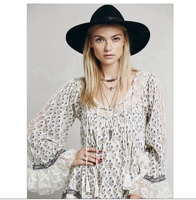 Free People Nomad Child Mini Dress XS Boho Floral Lace Peasant Tunic India 