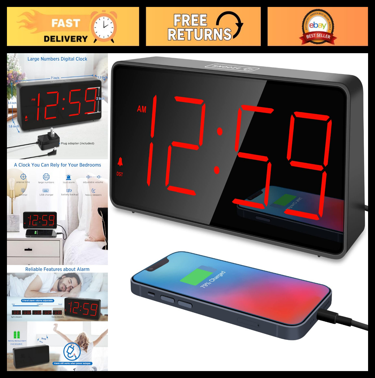 With Usb Charger, Large Display, Battery Backup, Loud Alarm