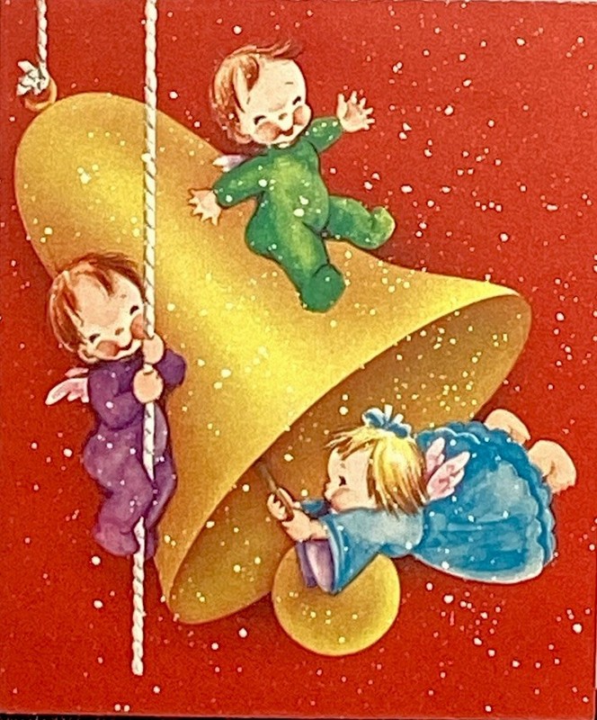 Three Cute Angels Children Swinging on Bell Vintage Gibson Christmas Card