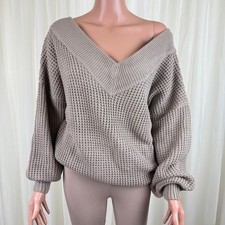 Women's Zenana V-Neck Off The Shoulder Waffle Knit Sweater Size Small Beige