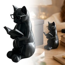 Reading Cat Nerd Cat Resin Sculpture Matte Black Finish for Desk or Shelf Decor
