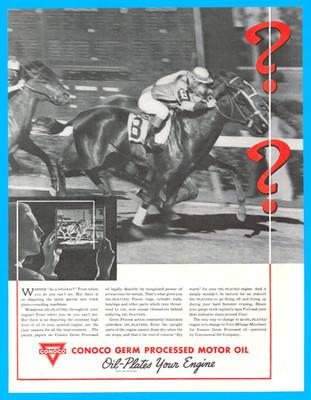 CONOCO Motor Oil horse race jockey Continental Oil Company print ad 1938 track