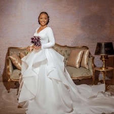 Tiered A Line Wedding Dress V Neck Long Sleeves Bride Gown Sweep Train Plus Size