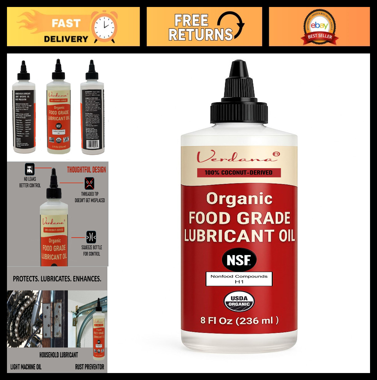 Organic Food Grade Lubricant Oil - NSF H1, Non-GMO, Petroleum-Free - 8 Fl Oz for
