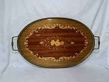 VTG Italian Marquetry Wood Floral Inlay Brass Handles Tea/Vanity/Serving Tray 20