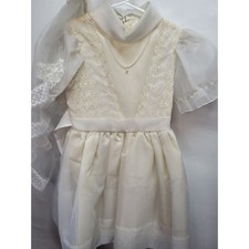 Vtg Girls Ivory Christening Dress Baptism Gown with Veil and Headband Set sz 8