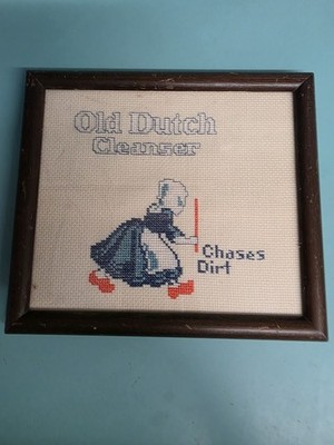 Vintage Old Dutch Cleanser Cross Stitch Framed Sampler 8x9 Kitchen, Bathroom