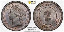 1890-H Mauritius 2 Cents PCGS MS64BN Lot#G3706 Choice UNC!