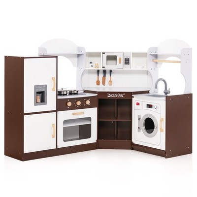 Corner Play Kitchen w/ Ice Maker Microwave Oven for Kids 3+ Years Old Wooden Toy