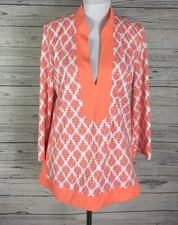 Cabana Life Women’s Orange White Geo Print Stretch 3/4 Sleeve Tunic Top Size XL