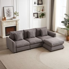 L-Shaped Sectional Sofa Set with Ottoman, Grey Fabric Couch for Living Room