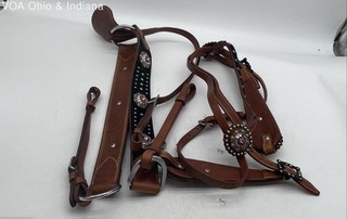 Western Leather Horse Tack Set Breast Collar & Headstall Rhinestone Conchos