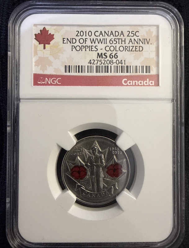 2010 - Canada 25 Cents - WWII 65th Anniversary (Colorized) - NGC MS 66