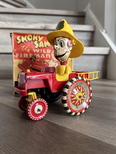 Smokey Sam the Wild Fireman Marx Tin Litho Wind Up Toy W/ Original Box