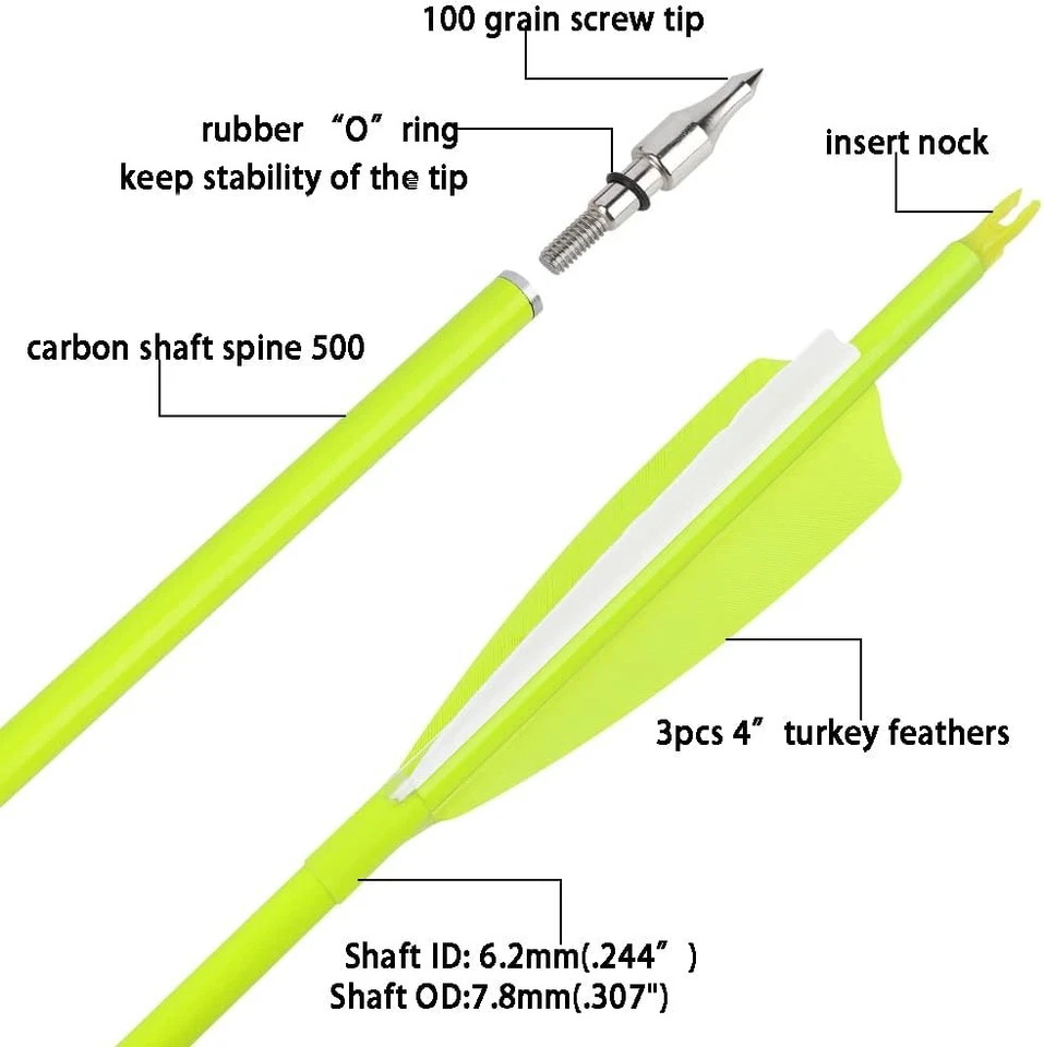30" Archery Carbon Arrows 4" Feather SP500 600 Recurve Bow Compound Bow Hunting - Image 3 of 4