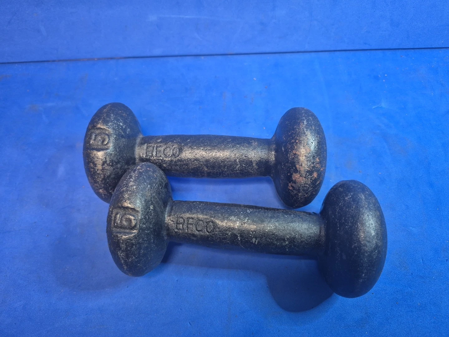 (2) Vintage BFCO 5 Lb Round Head Dumbbells