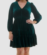 Taylor Women's Green V-Neck Long-Sleeve Smocked-Waist Velvet Dress Plus Size 14W