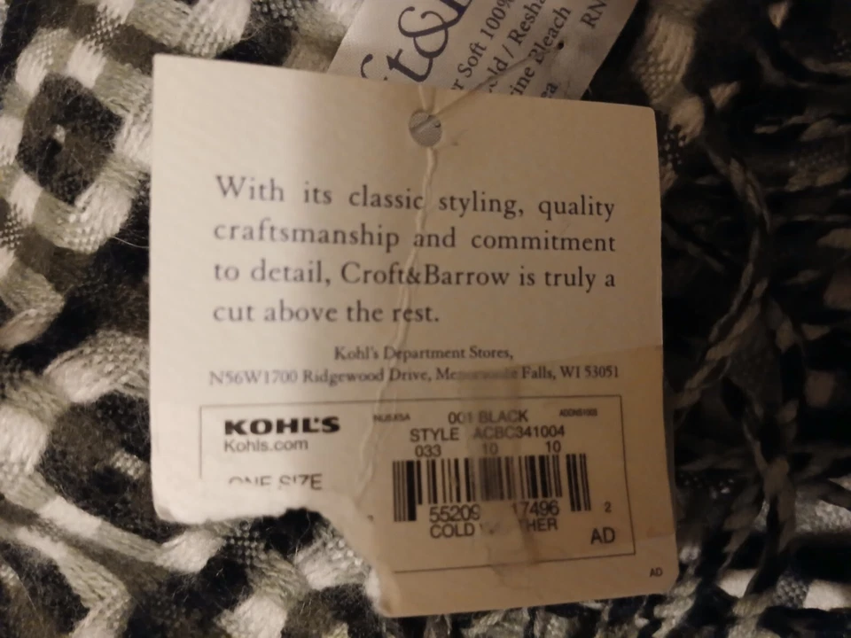 Bufanda - Negra/Gris/Blanca 100% Arcrílico Nueva con Etiquetas Foto 3 de 3