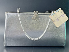 Vintage 1960s Silver Purse Clutch Evening Prom Handbag Art Deco Clasp New 8.5x5  