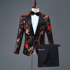 Men Embroidered Suit Lapel Blazer Jacket Coat Trousers Pants Wedding Party Stage