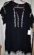 Free People Babydoll Embroidered Mini Dress Black Boho Ruffles Size M New