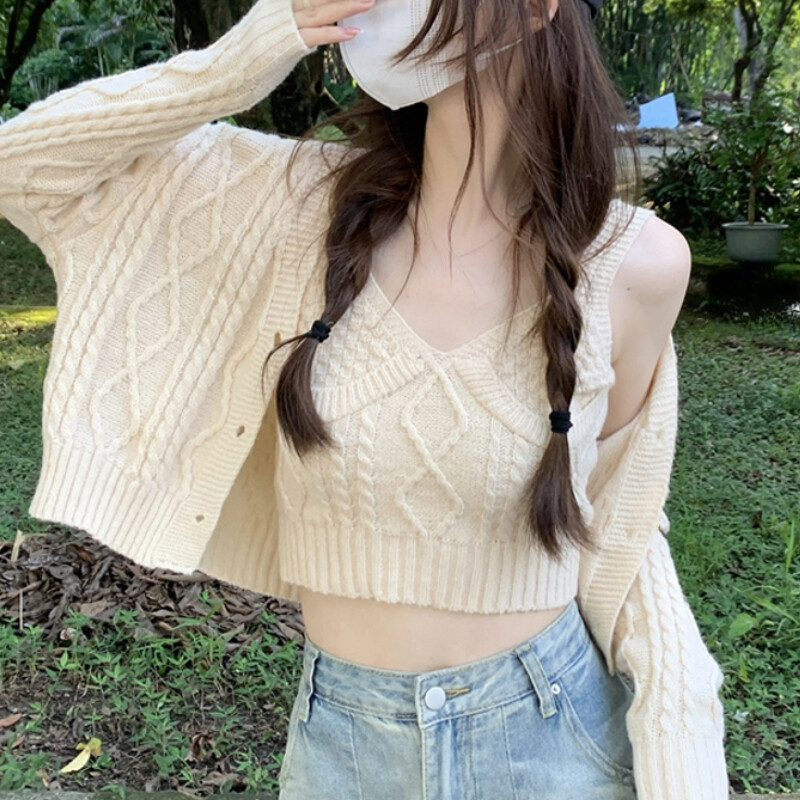 2pcs Women Set Cable Knitted Cardigan And Vest Crop Top Short Sweater Wide  Strap | eBay