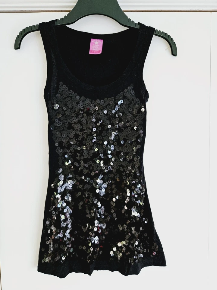 Размер Xs 6, 8, черный с блестками длинный топ без рукавов без рукавов вечеринка вечернее украшен - Изображение 3 из 4