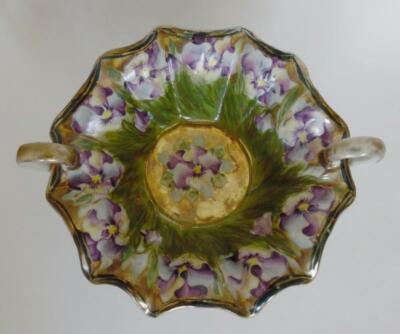 Antique Nippon Hand Painted PURPLE PANSY Two Loop Handle Footed Bowl Fluted Edge