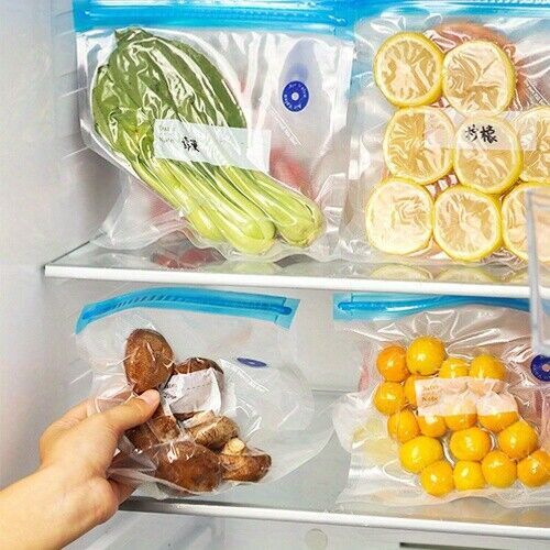 Juego de bolsas con cremallera de almacenamiento sellador de alimentos al vacío reutilizables de 10 piezas + bomba eléctrica de mano - Imagen 18 de 21