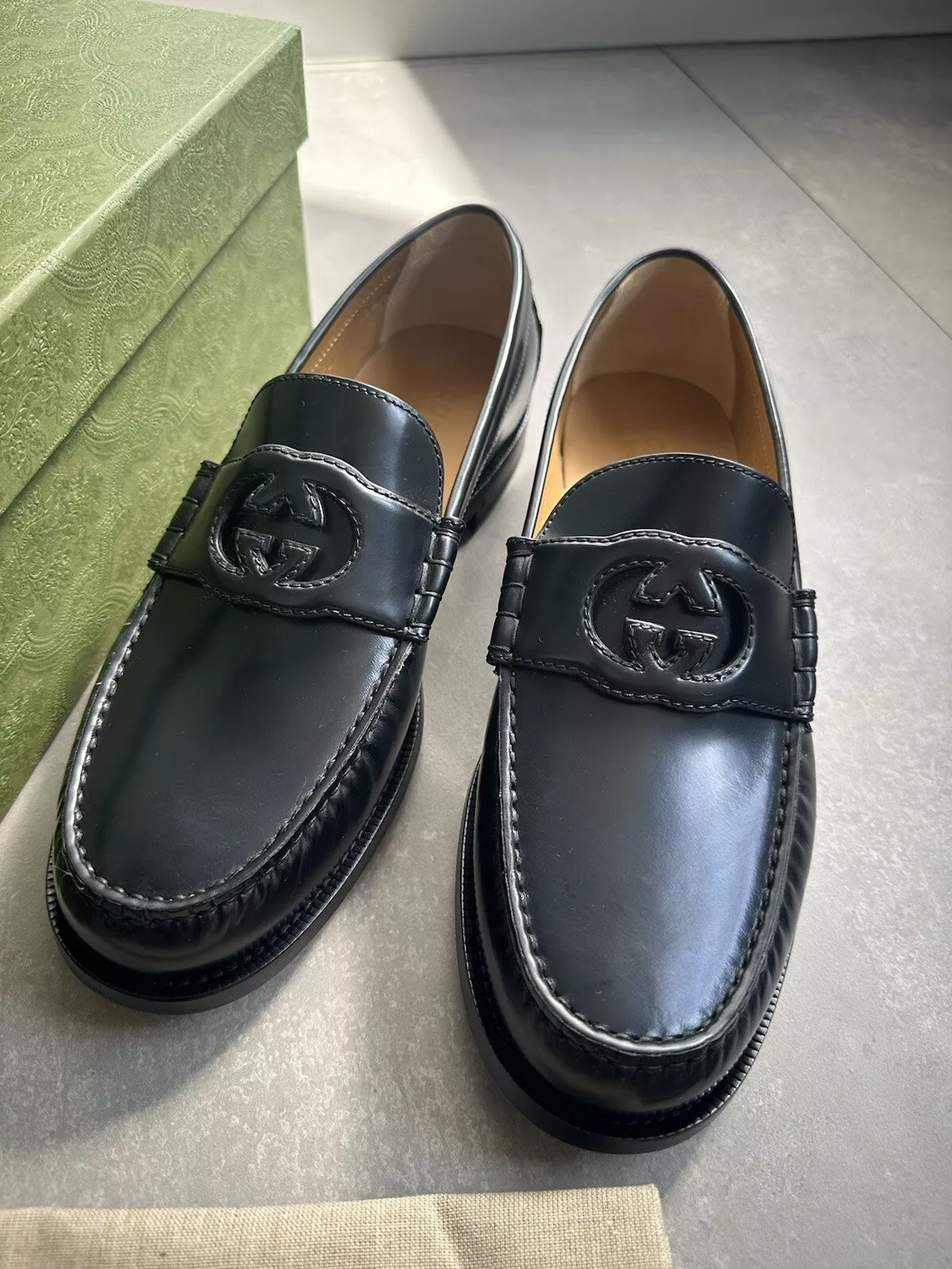 Mocassins Gucci Interlocking GG Penny chaussures en cuir noir UK 10,5 US 11 738470 1422