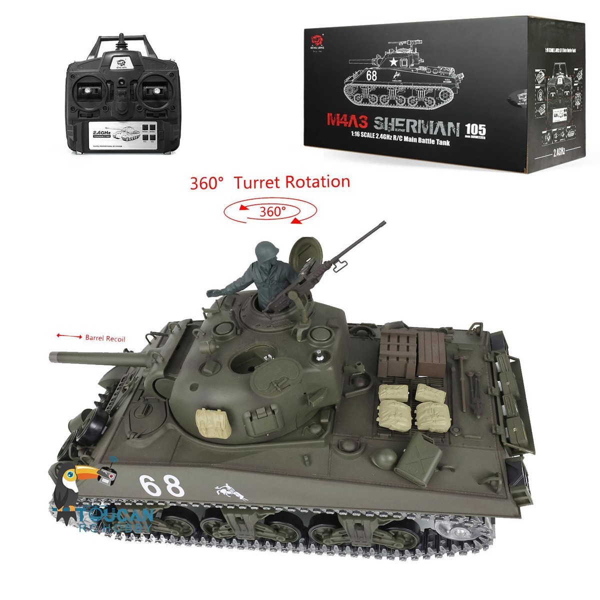 Henglong 1/16 FPV 7.0 M4A3 Sherman RTR RC Tank 3898 360° Turret