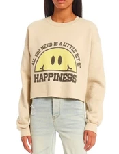 Junk Food Cropped Sweatshirt All You Need Is A Little Bit Of Happiness Beige SM