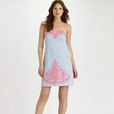 Lilly Pulitzer Women's Size 4 Blue Embroidered Seersucker Strapless Mini Dress
