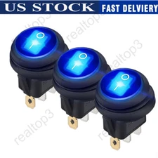 3 pcs LED Car Boat ON/OFF Round Waterproof Rocker Toggle Switch 12V 20A Blue