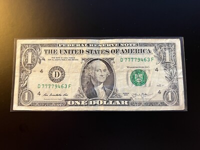 Four in a Row 7s Fancy Serial Number One Dollar Bill D77779463F FW