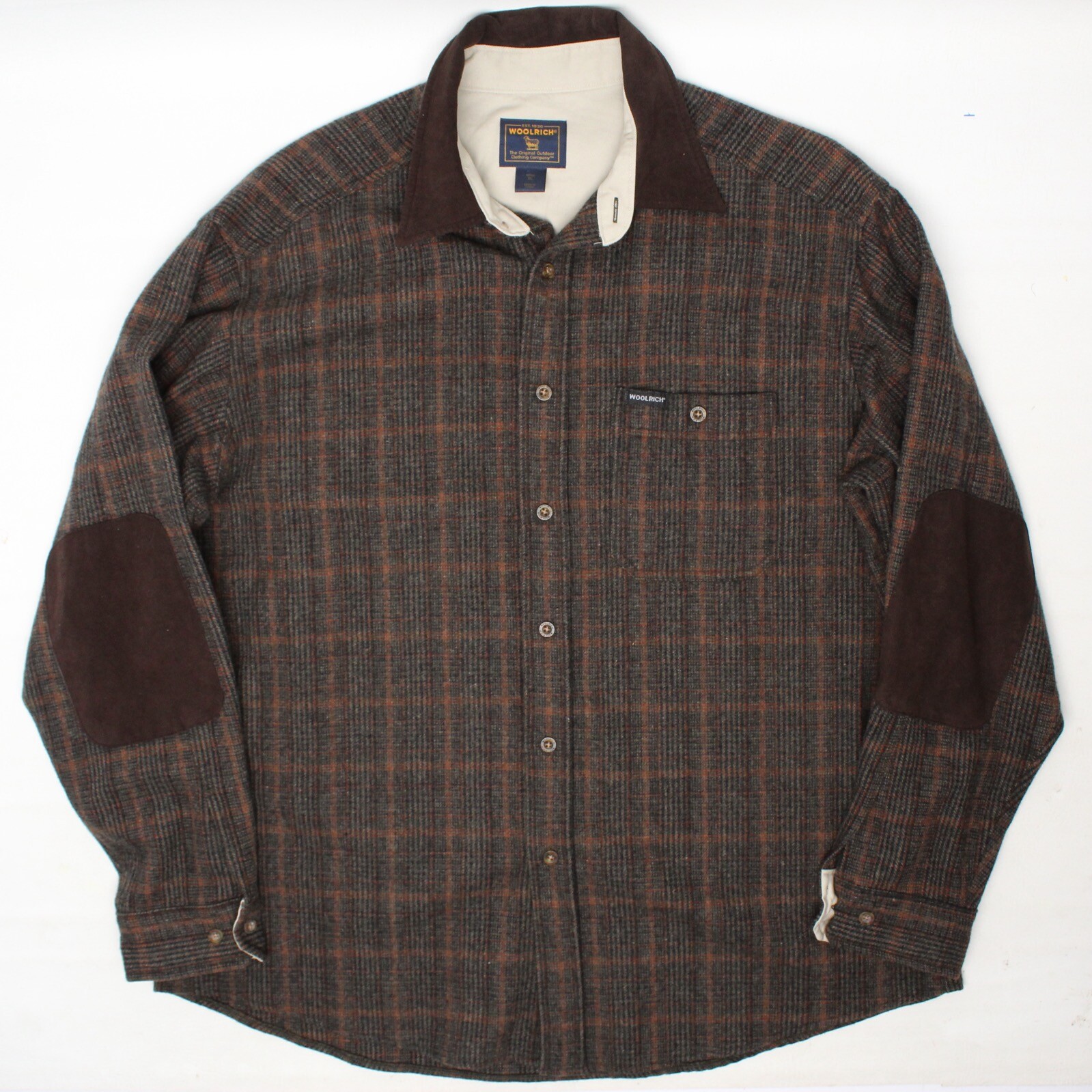 Woolrich Mens XL Brown Multi Plaid Wool Blend Flannel Shirt with Suede Patch 4741-image