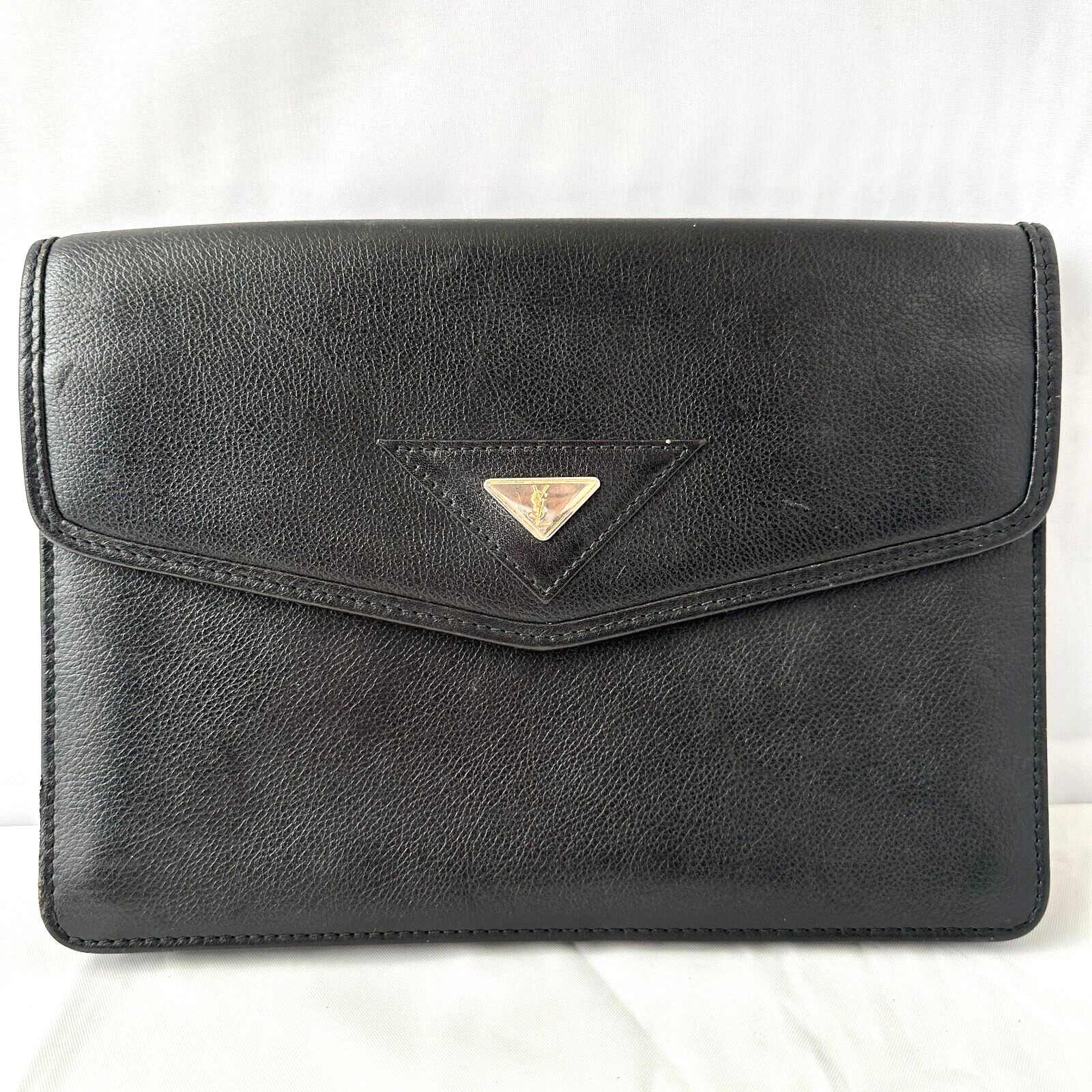 Yves Saint Laurent Clutch Bag Black Gold Leather YSL Cassandra Logo Authentic!!