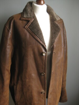 VINTAGE LEATHER JACKET 42 44 WESTERN mens fur lining borg distressed pigskin
