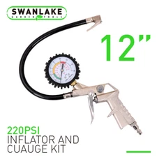 Dial Tire Inflator Gauge Flexible Hose 220 PSI Pistol Style Air Chuck Pneumatic