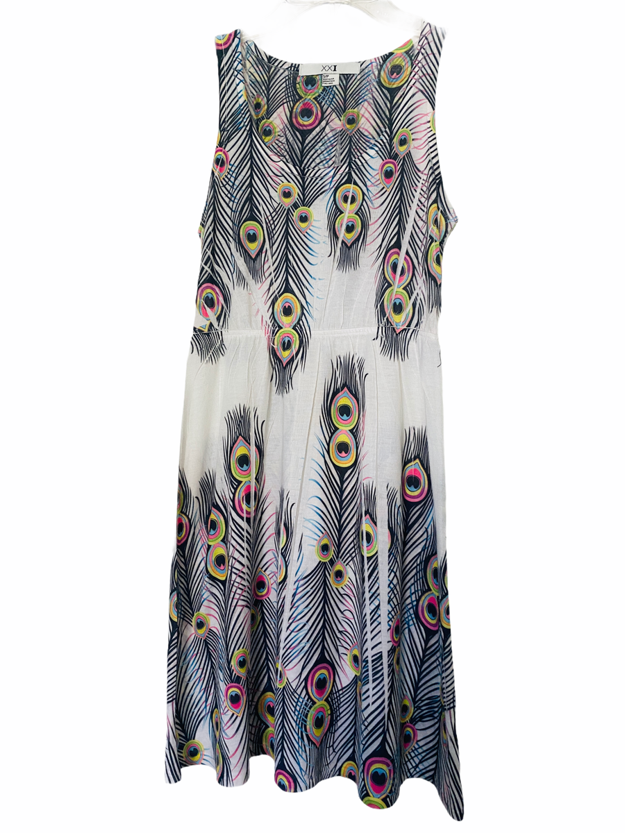 forever 21 cotton dress White Black Sundress Peacock Feather Design Size Small Checkered dress Size:36XS luxury bridal couture San Francisco - Silk 9% spandex