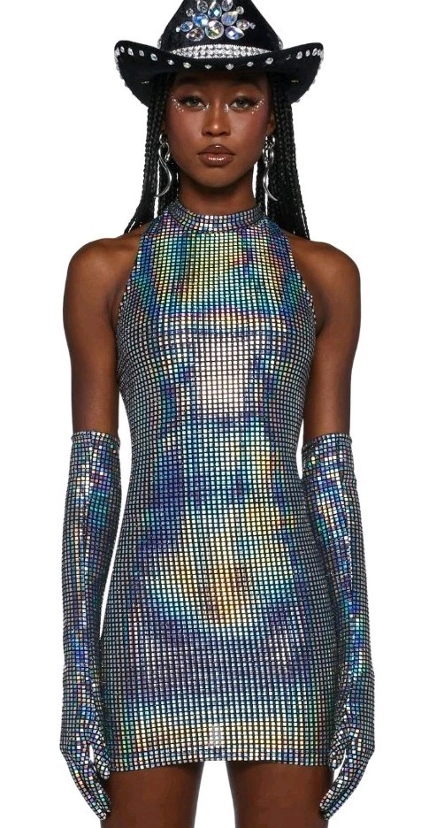 Kill Club Exx Glitter Sequin Disco Mini Dress And Gloves Siz