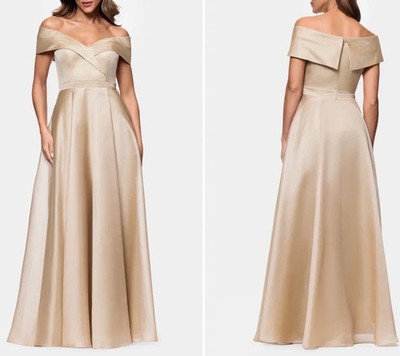 Xscape Gold Off the Shoulder Organza Gown Dress Size 12 $268