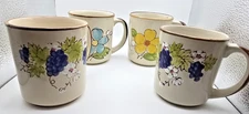 Norleans Hand Painted Stoneware Coffee Mugs Floral & Berry Pattern Vintage Korea