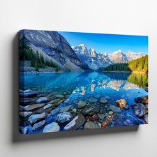 Mountain Lake Landscape Canvas Wall Art with Clear Water Reflection Nature Print