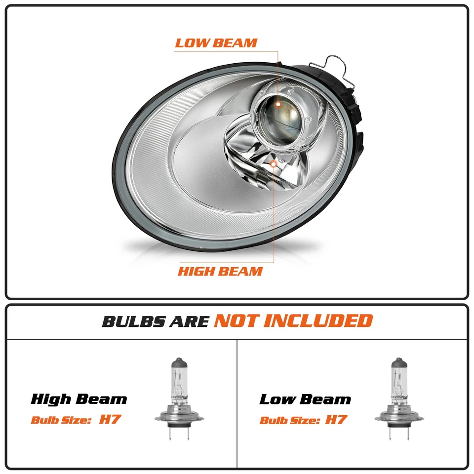 Juego de faros proyectores cromados Bryght para Volkswagen Beetle 2006-2010 con halógeno Foto 2 de 4