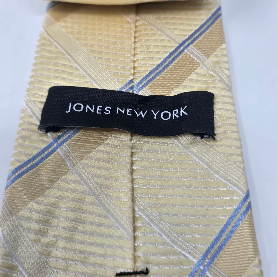 Mens Silk Necktie Yellow Plaid Check Blue Tan Textured Woven Formal Business Tie image 3