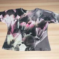 Jess & Jane Top Women’s Small Sequin Floral Stretch Made In USA Lightweight T184